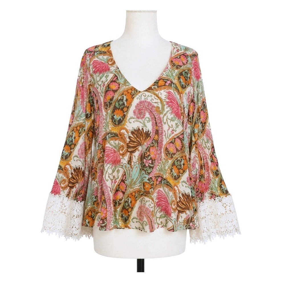 Show Me Your Mumu M Paisley Crochet Fringe Tunic Top Boho Hippie 70s Woodstock